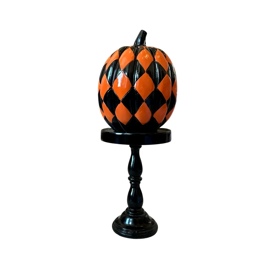 Black & Orange Checkered Pumpkin On Pedestal 13.5in Resin Halloween Decor NEW